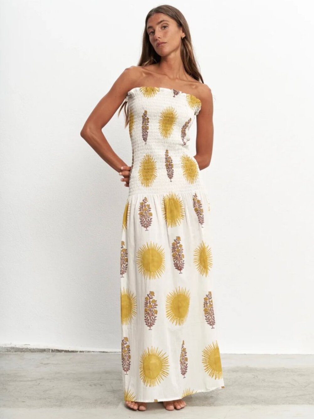 Par & Escala Floral Maxi Dress in White & Yellow Size Small Like New